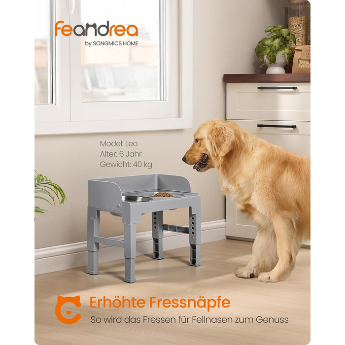 Підвищена годівниця для собак Feandrea з регульованою висотою та нахилом, 2 миски з нержавіючої сталі 304, миска для повільного годування, сірий колір, PRB103GD01
