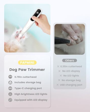 PAPMINI Безшумна машинка для стрижки котів з LED-дисплеєм, Type-C, акумулятор, бездротова когтерезка для котів, професійна машинка для стрижки лап, вух, обличчя, спини (біла)