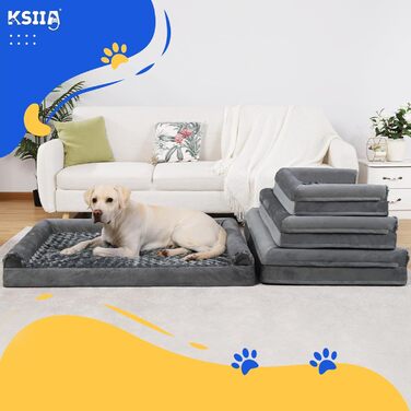 Ортопедичне ліжко для великих собак KSIIA 105x70x18 см, знімний чохол, миюче, три підвищені борти, протиковзка основа, пінистий наповнювач, сірий