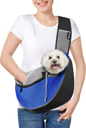 Сумка-переноска для собак Pawaboo L, оновлена, з кишенею для сенсорного екрану, регульована, для домашніх тварин, блакитна, для подорожей і прогулянок