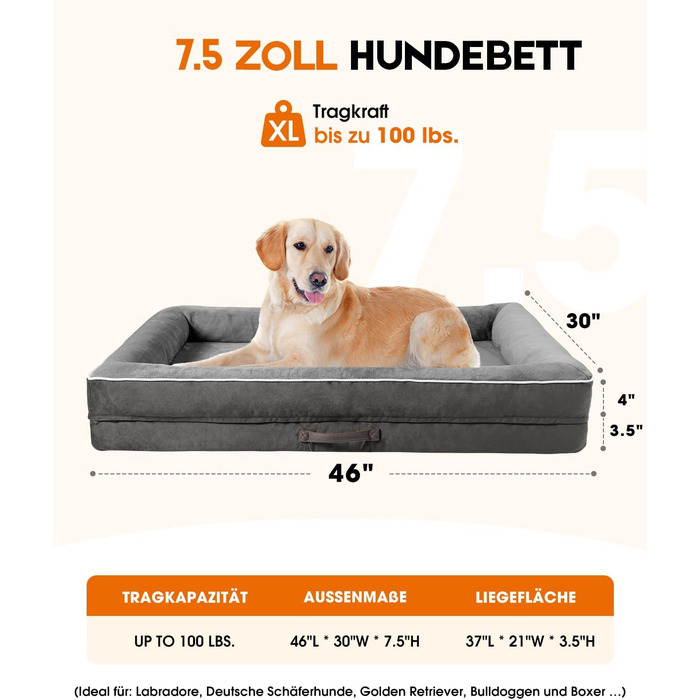 Ортопедичне ліжко для собак XL, корзина для собак, що можна прати, з яєцеподібною піною, водовідштовхувальне диван для собак з неслизьким дном та чотиристоронньою подушкою (сірий, 76x117x19см)