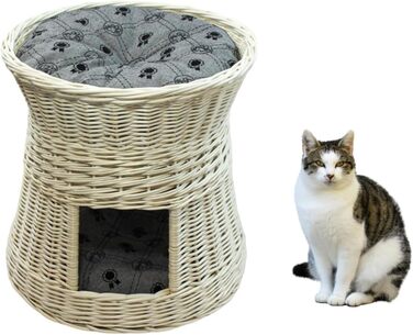 Кігтеточка-ліжко для котів: кругла хатинка з лози, 2 поверхи, білий колір, сірий лежак