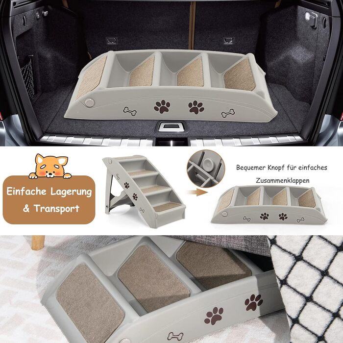 Сходинка для домашніх тварин GYMAX з 4 сходинками, складана, з пластику, з антиковзкими накладками, 4 килимки, трикутна структура, допомога у підйомі для котів та собак (Сірий)