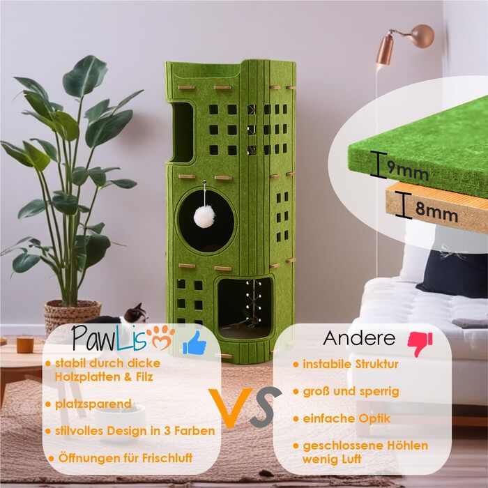 Сучасний котячий комплекс з 4 ярусами та 3 будиночками для котів, фетр, стійка альтернатива котячого будиночка з іграшкою, тихий та компактний (90 см), зелений (35 x 35 x 90 см)