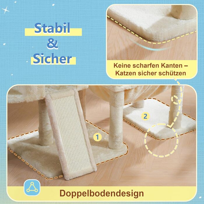 Котячий будиночок Hey-brother Kratzbaum: велика платформа, 2 печери, гамак, дряпальня з сизалю, кошик, 127 см, MPJ071W (Бежевий)