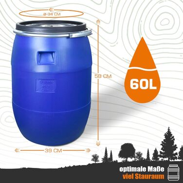 Футлярна бочка 60л з кришкою та обідком, харчова, 34см, універсальна, для саду (Блакитна)