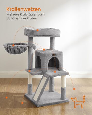 Дерево для котів Feandrea 96 см з великою платформою, будиночком, гамаком та сходами, м'який плюш, сірий PCT51W