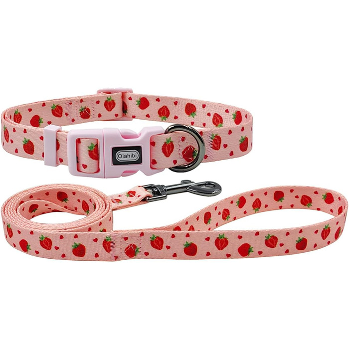 Нашийник та поводок для собак Olahibi Kombi-et, леопардовий принт, поліестер, 150 см, повід з панде, для маленьких собак (колір коричневий леопард), нашийник (M, набір сердечок та полуничок)