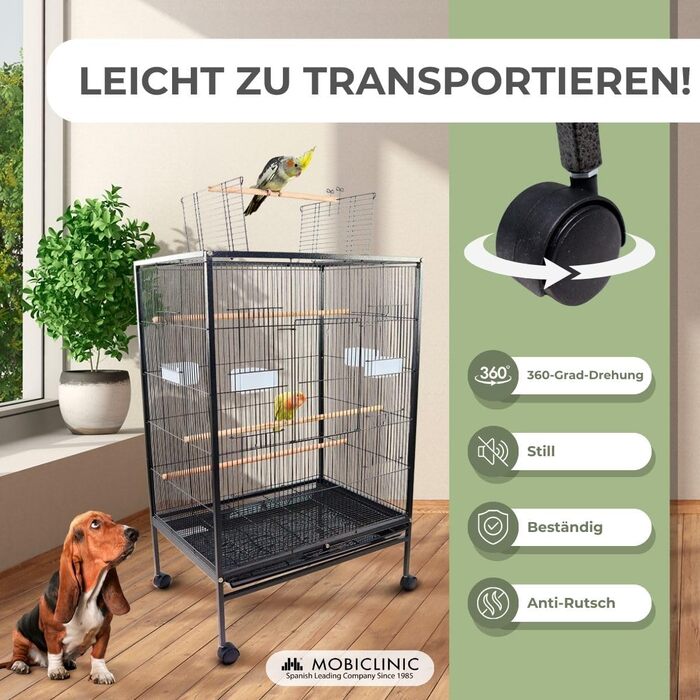 Велика клітка для птахів Mobiclinic Pets із колесами, гальмами та верхнім відкриттям, 8 дверцят, знімний піддон, годівниці та поїлки, сідала, для папуг і німф, 95x43x61,5 см