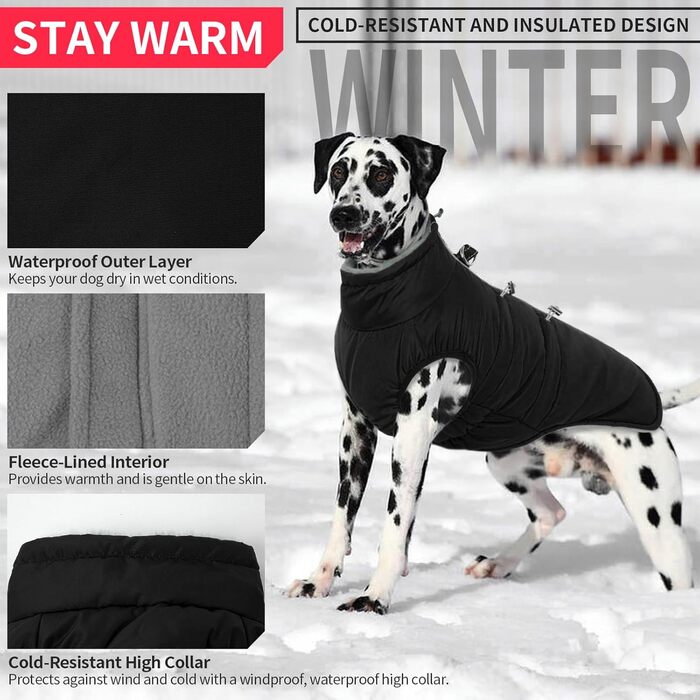 Водонепроникний зимовий одяг для собак, тепла куртка для собак з отвором для шлейки, для малих, середніх та великих собак, з відбиваючими смугами та блискавкою - чорний, XS