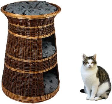 Корзина для котів для сну – котяча хатинка для дому – розмір 43 x 49 x 70 см, кругла – котяча печера з лози, трирівневе ліжко для собак або котів з пральним подушками в бежевому кольорі – лакована корзина (подушка світло-сіра)
