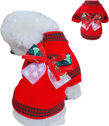 Пуловер для тварин на Різдво, для котів та собак, в'язаний пуловер з бантиком, для холодної погоди, цуценята, 2 ноги, в'язані вироби для котів, цуценят, маленьких собак, розмір XS (зелений), зелений (XL: обхват грудей: 54 см/21.2 дюйми, червоний)
