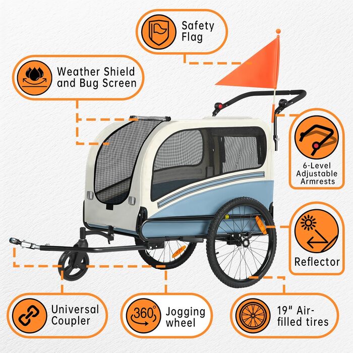 2-в-1 Велосипедний причіп для собак XXL, складаний з дахом, відбивачі та світловідбиваючі смуги, універсальне з'єднання, регульована ручка (Синій)