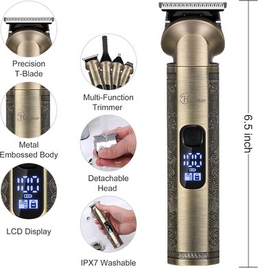 Електричний триммер Hatteker для чоловіків: професійний набір для стрижки бороди, волосся та тіла. Вологостійкий, з T-подібною насадкою, бронзового кольору
