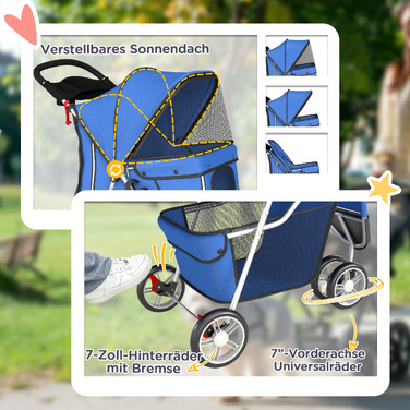 Дитячий візок для собак (buggy), складаний, до 10 кг, з кошиком, подушкою та сітчастими вікнами, для малих порід, 77x44x102 см, синій