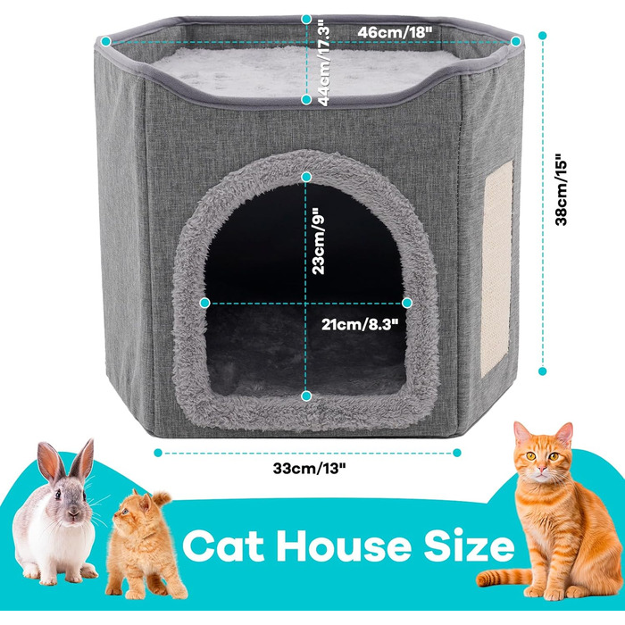 Кіт Будинок для котів у приміщенні, велика кімната для котів з когтеточкою, 2-ярусне ліжко для котів, будинок-печера для маленьких та середніх тварин, сірий