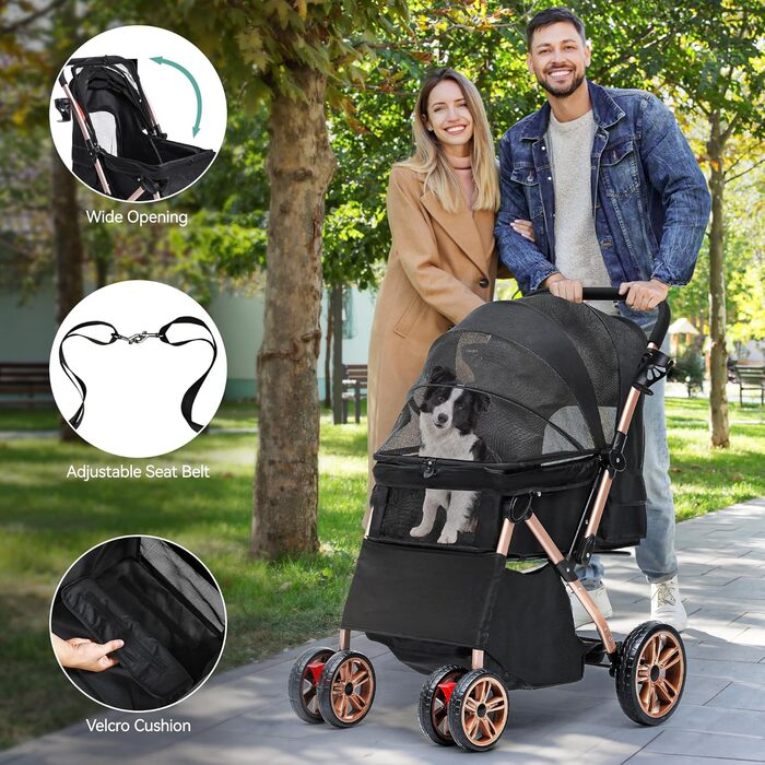 Візок для собак YITAHOME, чорний, для маленьких собак, з обертовим ручками, сітчастими вікнами та гальмами