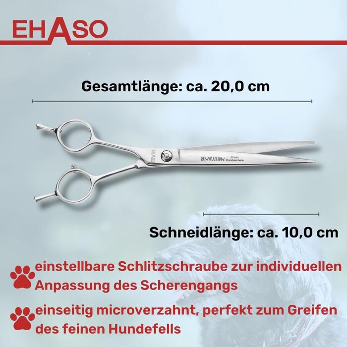 Професійна шерстьостригальна ножиці для собак EHASO | 20 см | Висока якість, Solingen