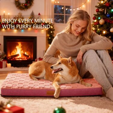 Ортопедичне собаче ліжко Patas Lague XL для великих собак, 106.7 x 71.1 см, водонепроникне, м'яке, тепле, зручне, з пінопластовою матрацом у формі стільців, знімний, пральний чохол та неслизьке дно, (S:20x15x3.5 IN, Рожевий)