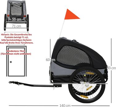 PawHut Причіп для собак, велосипедний причіп для собак, швидкознімні кріплення, водонепроникний, оксфордська тканина, сталь, 140 x 71 x 83 см, чорний
