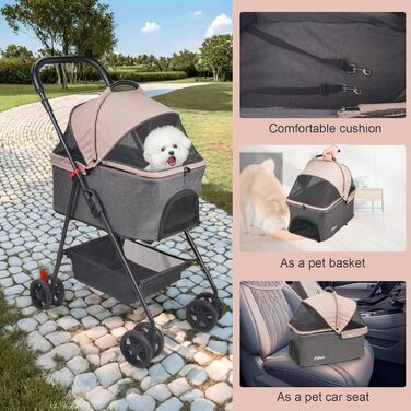 Складаний візок для тварин Tierwagen для собак та котів, легкий та компактний, знімний кошик, темно-персиковий/темно-сірий