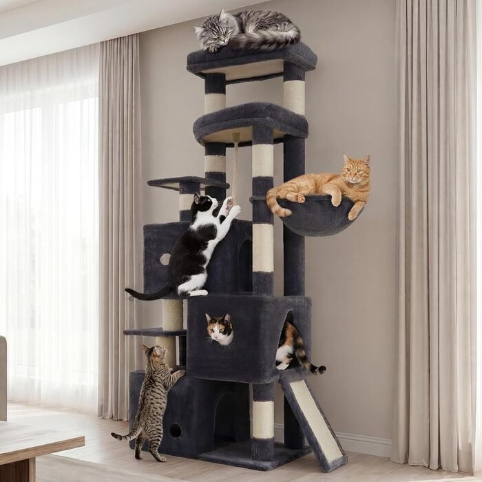 Комплекс для котів Heybly Kratzbaum 188 см, сірий: будинок, лежанка, кігтеточка з сизалю