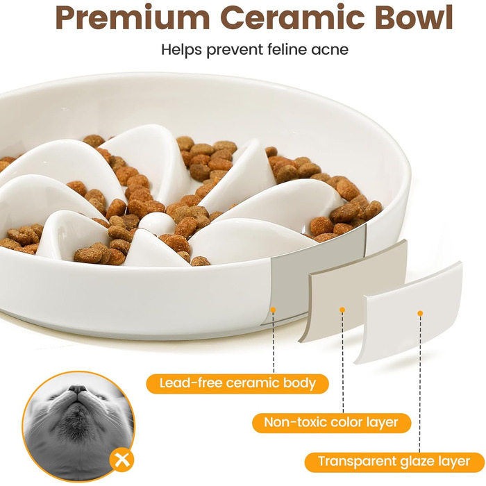 PETTOM Миска для котів протиковзаюча піднята, керамічна миска для котів, повільна годівниця для котів, миска протиковзання для котів та маленьких собак, біла миска + підставка (миска біла-квітка + підставка)