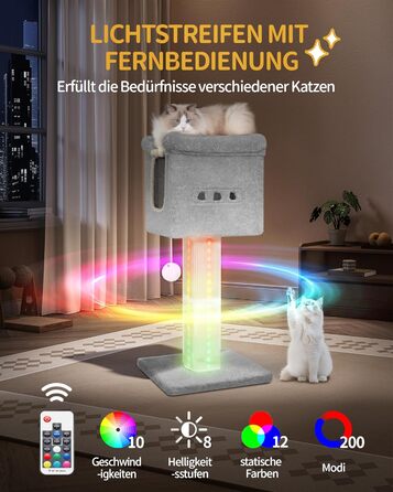 Котячий комплекс Hzuaneri 99 см з LED підсвіткою, сірий – когтеточка із сизалю, велика платформа, будиночок для котів, іграшка-бомбочка, меблі для котів 45x40x99 см, модель MS99918LG