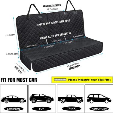 Захисний чохол на сидіння авто для собак, 136x119 см, чорний, універсальний, нейлон. З щіткою для чищення та сумкою. Підходить для більшості авто та SUV.