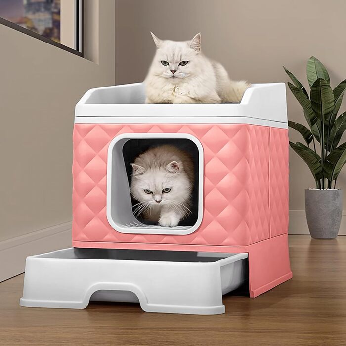 Котло туалет GLOBANI XXL з кришкою – закритий котячий туалет з шухлядою, килимком для дряпання та лопаткою – герметичний, гігієнічний, ідеальний для великих котів (Рожевий)
