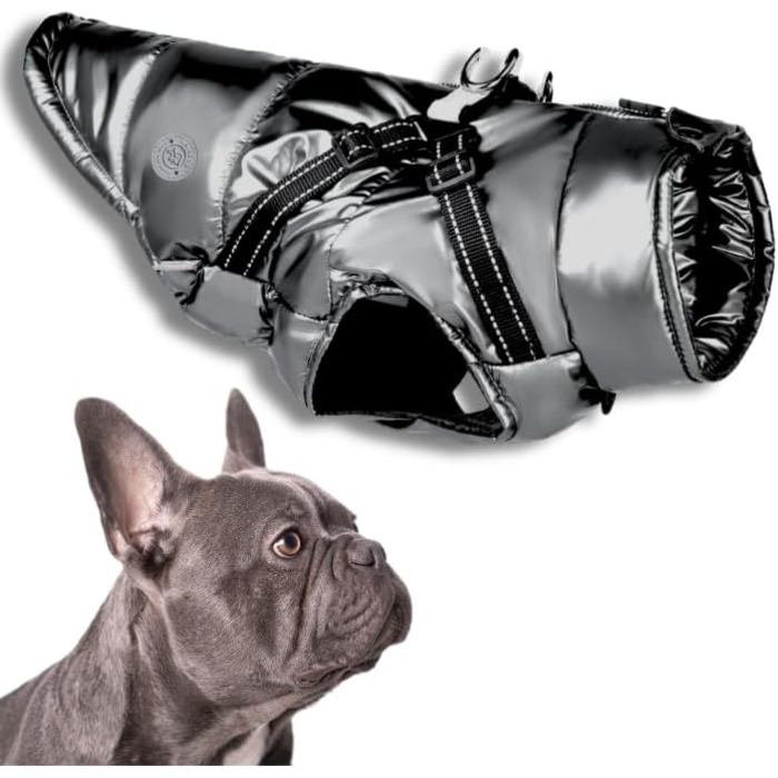 Водонепроникна куртка для собак 2-в-1 зі вбудованим шлейкою – зимова куртка з відбиваючими елементами для собак маленьких, середніх та великих порід – вітронепроникна, зручна та легка у догляді, сіра, розмір S