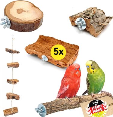 Набір Vogelgaleria 5 предметів: коркові аксесуари для хвилястих папуг — сідало, гілка, канат, камінь, сідало з дикої яблуні