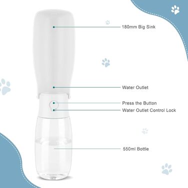 Травельна пляшка для тварин JOPHEK 300мл з фільтром, біла. Без витоку, для собак та котів. Ідеально для прогулянок, подорожей та кемпінгу.