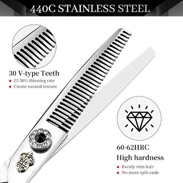 Набір ножиць для грумінгу собак 6 дюймів: прямі та розріджуючі ножиці для професійного догляду за шерстю. З регульованим гвинтом та візерунками. Срібний колір.