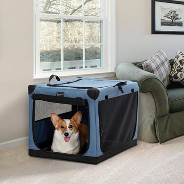 Складаний тканинний бокс для собак Petsfit M, синій – переноска для авто та дому з 3 дверцятами, для середніх порід, легка у транспортуванні