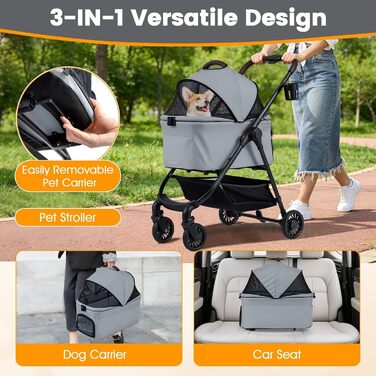 Візок для собак FANTASK 3 в 1: переноска, візок, сумка для тварин до 5 кг з регульованим дахом та підстаканником, складаний, для собак, котів, домашніх тварин (Сірий)