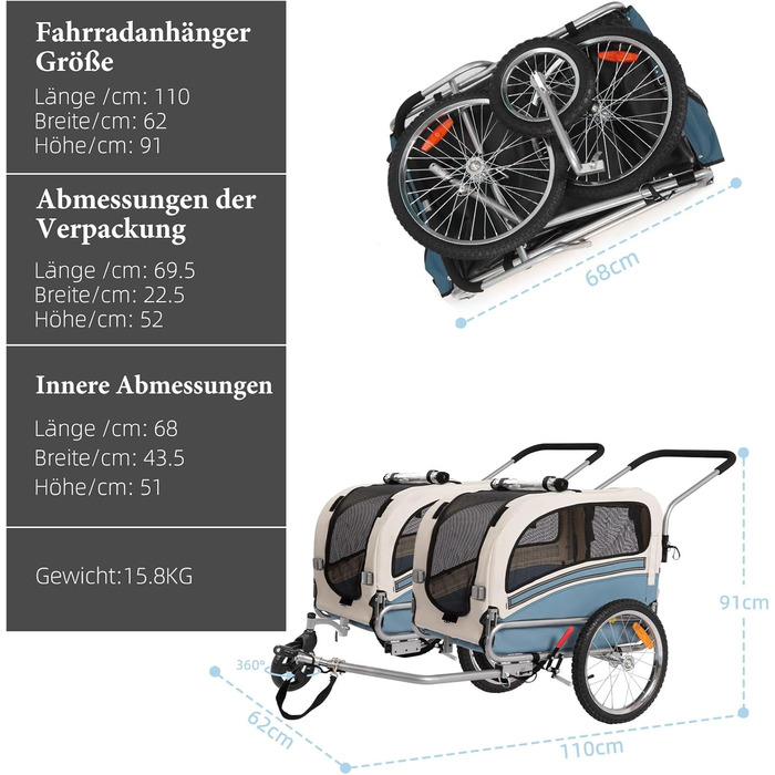 Причеп-перевозник для собак 2-в-1 на велосипед та візок – для собак до 30 кг, складаний, з гальмами, сигнальним прапорцем, для активного відпочинку та дому, легкий у встановленні (Блакитний)