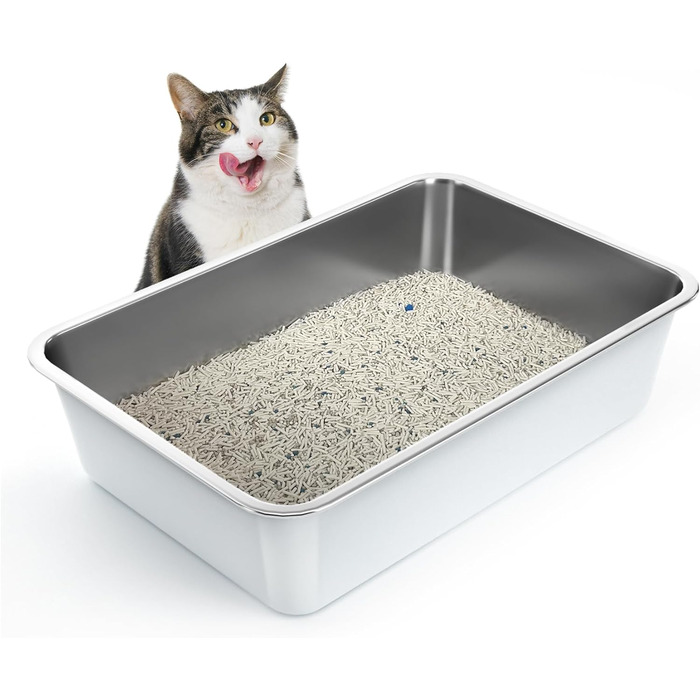 Великий котячий туалет із нержавіючої сталі IKITCHEN 60×40×15 см — металевий лоток для котів і кроликів, без запаху, антипригарний, стійкий до плям та іржі, з нековзкою гумовою основою