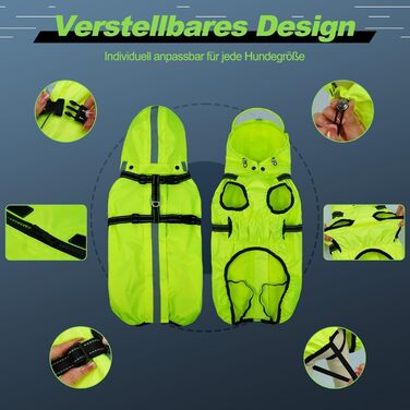 Водонепроникний дощовик для собак, дощова куртка з світловідбиваючими смугами, нагрудник H-подібної форми (D-кільце) та знімний капюшон з візором, ідеально підходить для собак середніх та великих порід [Неоновий зелений, розмір 3XL] 3XL Зелений