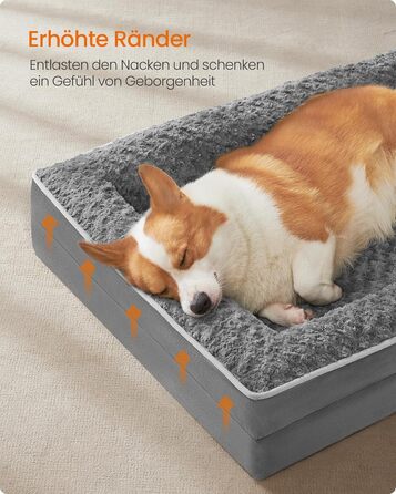 Ортопедичне ліжко для собак Feandrea середнього розміру, вологостійке, знімний плюшевий чохол, 91 x 68 x 16 см, сірий PGW252G02 L