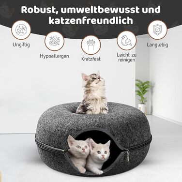 Лежак-донат PAWSAGE XXL для котів, 60x60x28 см, темно-сірий, м'який антистресовий тунель-будиночок для котів, флісовий затишний кошик