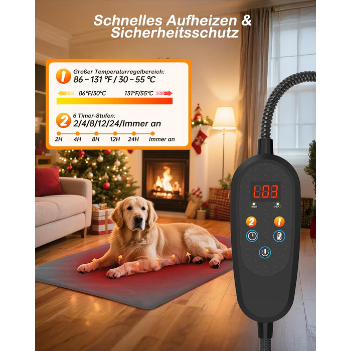 Кішечковий матрац з підігрівом для котів та собак, 6 температурних режимів, таймер 24 год, LED дисплей, безпечний, бічний кабель, 60x90 см, сірий