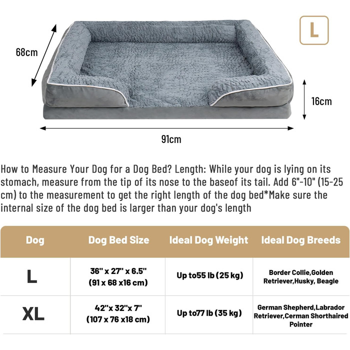 Ортопедичне ліжко для собак з піною з пам'яті, знімний та пральний чохол, подушка-гніздо, неслизький килимок та водонепроникний наповнювач. Ліжко для собак з високим бортиком (91*69 см)