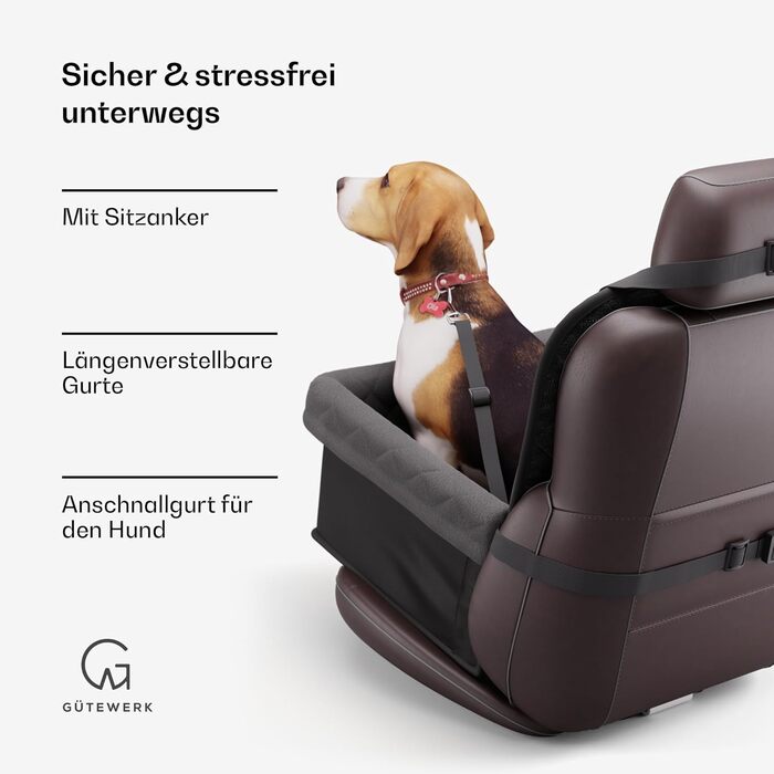 Автокрісло для собак середніх та маленьких порід Gütewerk, стабільне, з безпечною шлейкою, для переднього сидіння, темно-сіре