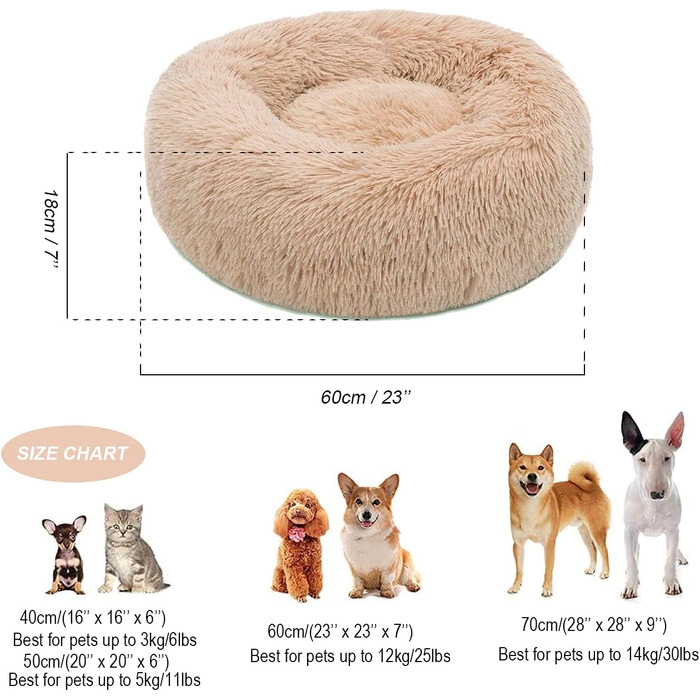 Заспокійливе ліжко для собак, у формі пончика, з плюшу, з блискавкою, придатне для прання в пральній машині, для маленьких собак, котів, кошенят та цуценят, 50 см (M/60 см, Бежевий)