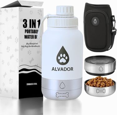 Водяна пляшка для собак на 1000 мл з мішком, 4-в-1, нержавіюча сталь, ізольована, без витоку, BPA-free з мисками для води та їжі, аксесуари для собак для прогулянок та походів (кремово-білий)