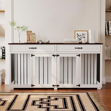 Клітка для собак з 2 ящиками та 2 дверцятами, біла та темно-коричнева, MDF, 160x60x80 см. Підходить для 2 собак