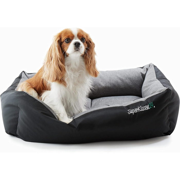 Лягушковий лежак для собак SuperKissen24: лежанка-кошик, лежанка-софа для собак маленьких, середніх та великих порід - миється - розмір M - чорний та сірий - льон, 70x55 см (1 шт.)