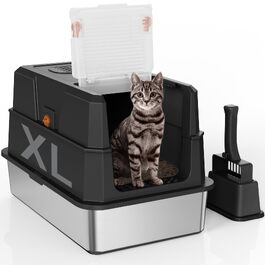 Закритий лоток-туалет для котів SZEE XL із нержавіючої сталі з кришкою, що відкривається на 180°, з совком, чорний, 59x38x38 см