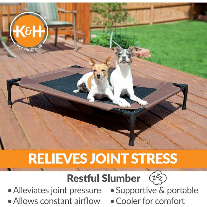Охолоджуюче собаче ліжко K&H Pet Products з піднятим бортиком для відпочинку на вулиці, з дихаючої сітки, з протиковзкими гумовими ніжками, портативне, шоколад/чорний колір, розмір L (81x81x18 см)